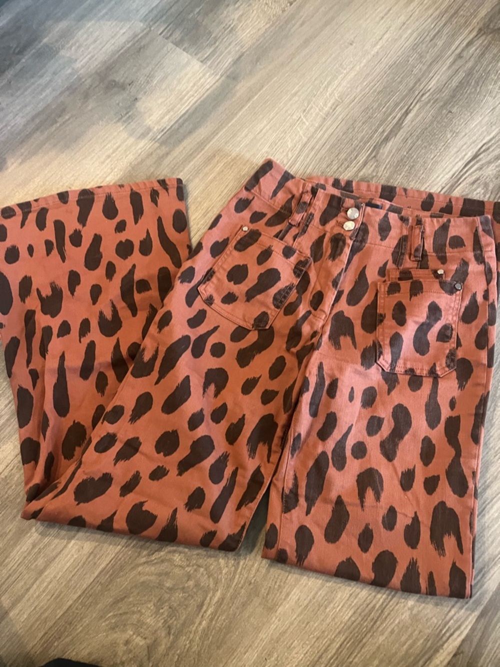 Anthropologie Rust Brown Leopard-Print Wide-Leg Jeans